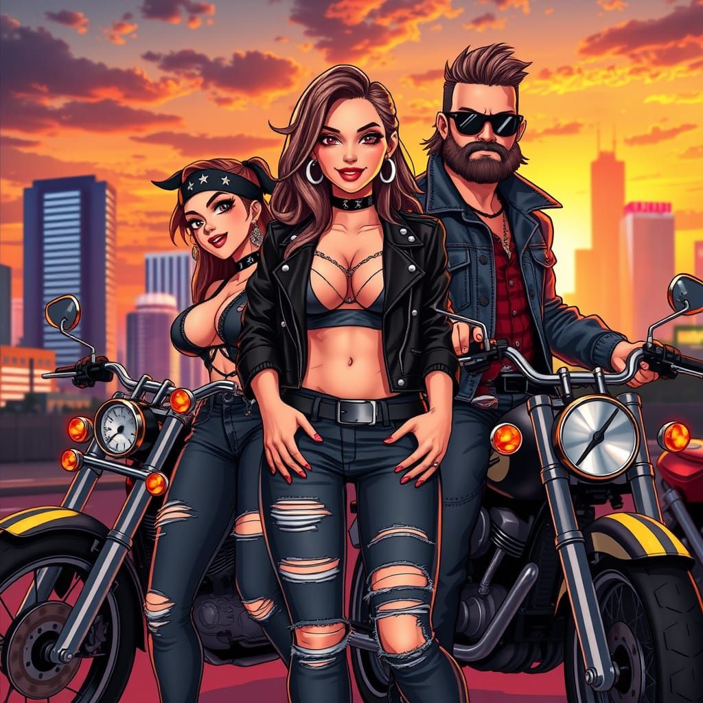 Rebellious Biker Queens and Kings in Exaggerated Anime Style