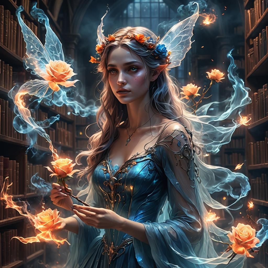 Ghostly Fairy of Light and Smoke in Library
