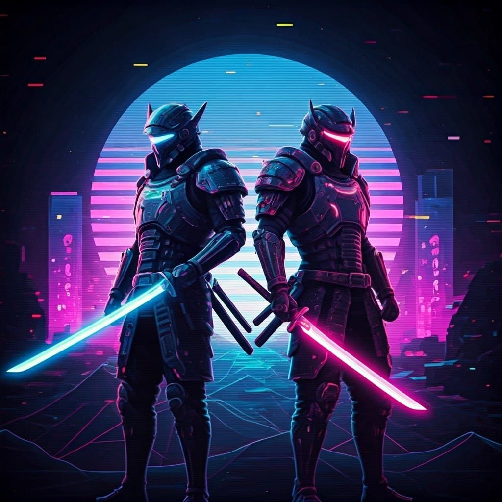 Vaporwave Swordsmen Stand Guard in Neon-Lit Dystopia