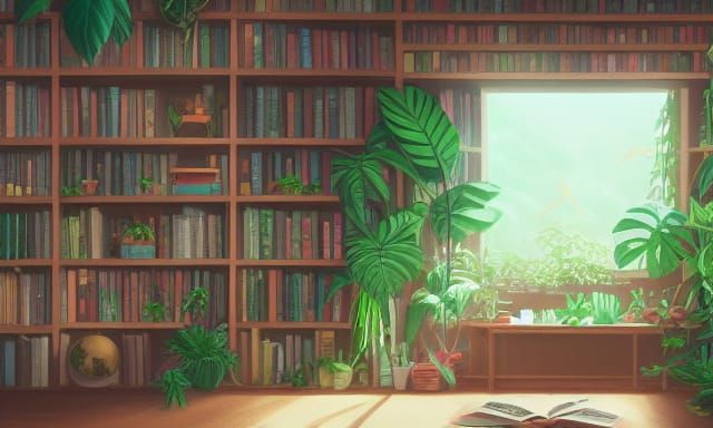 Lush Indoor Jungle Library in Anime Style