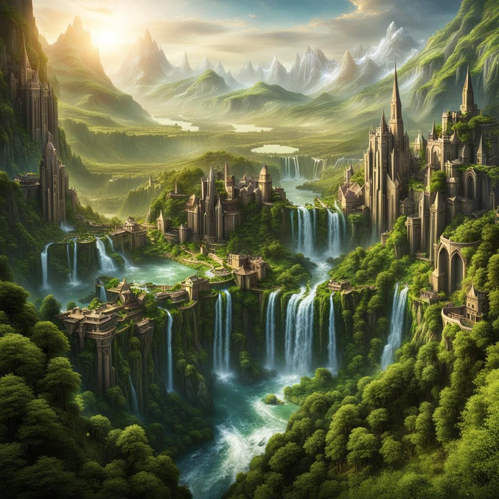 Elven City in Valley with Waterfalls