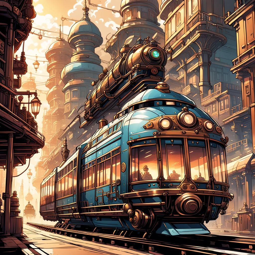 Steampunk Monorail in Anime Cel-Shaded Style
