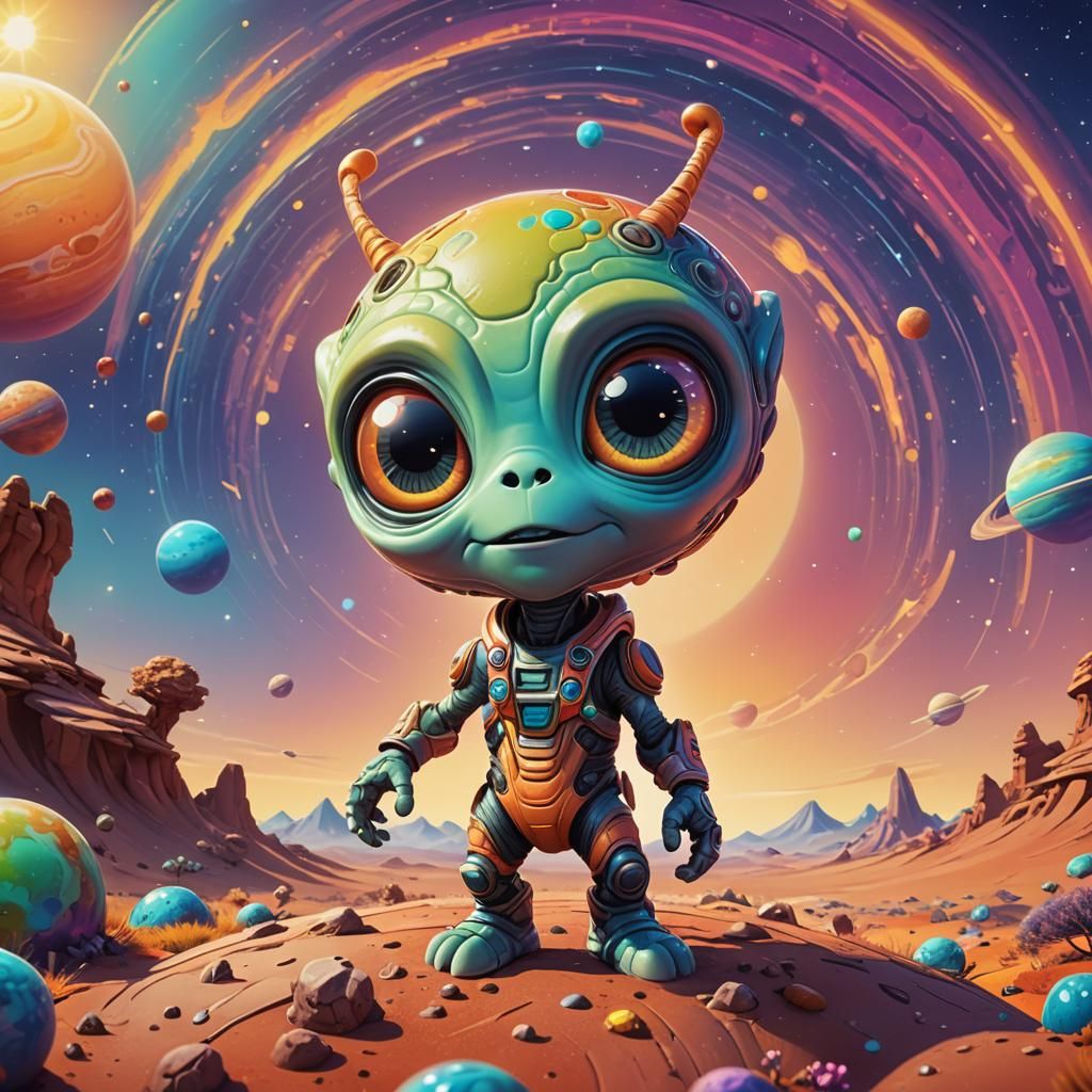 Colorful Chibi Alien on Exoplanet: Digital Illustration