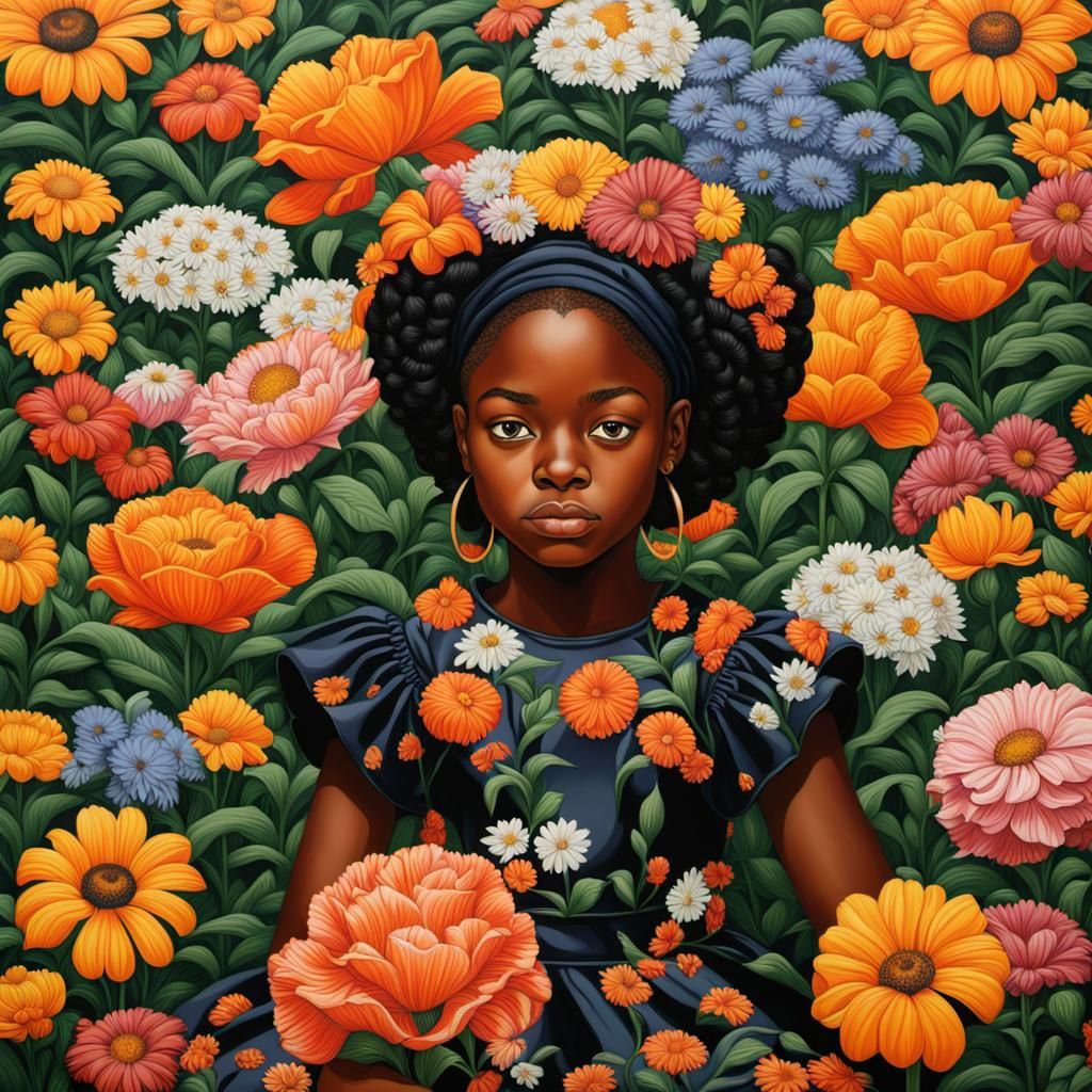 Black Girl in Flower Field, Kehinde Wiley Style