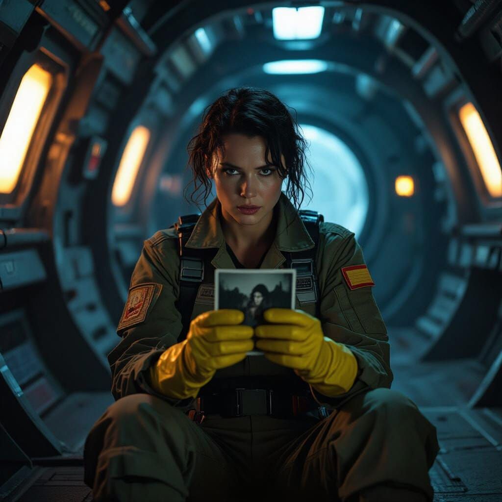 Exhausted Crew Member Resting in Spaceship Corridor