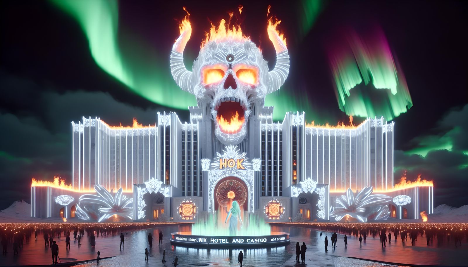 Bioluminescent Skull Casino Under Northern Lights