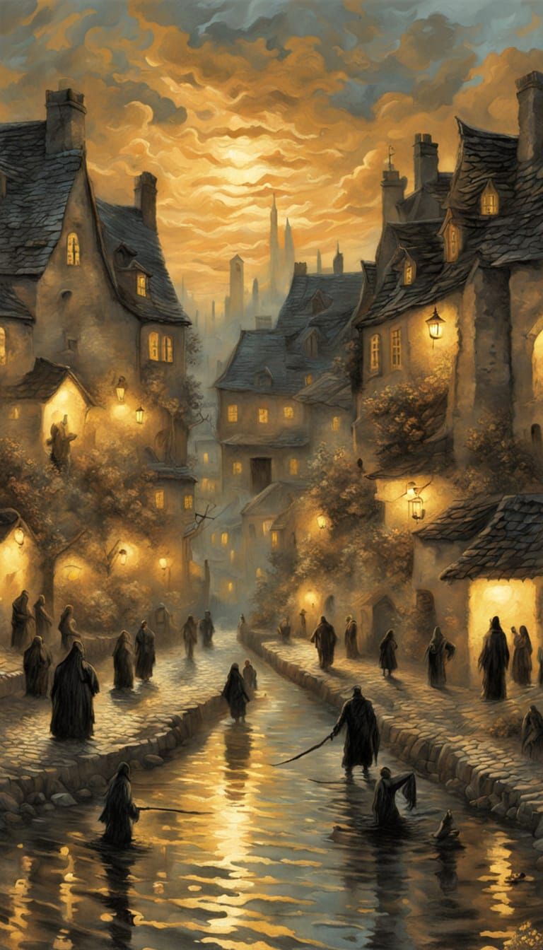 Horror Village Square at Dusk in Impasto Style