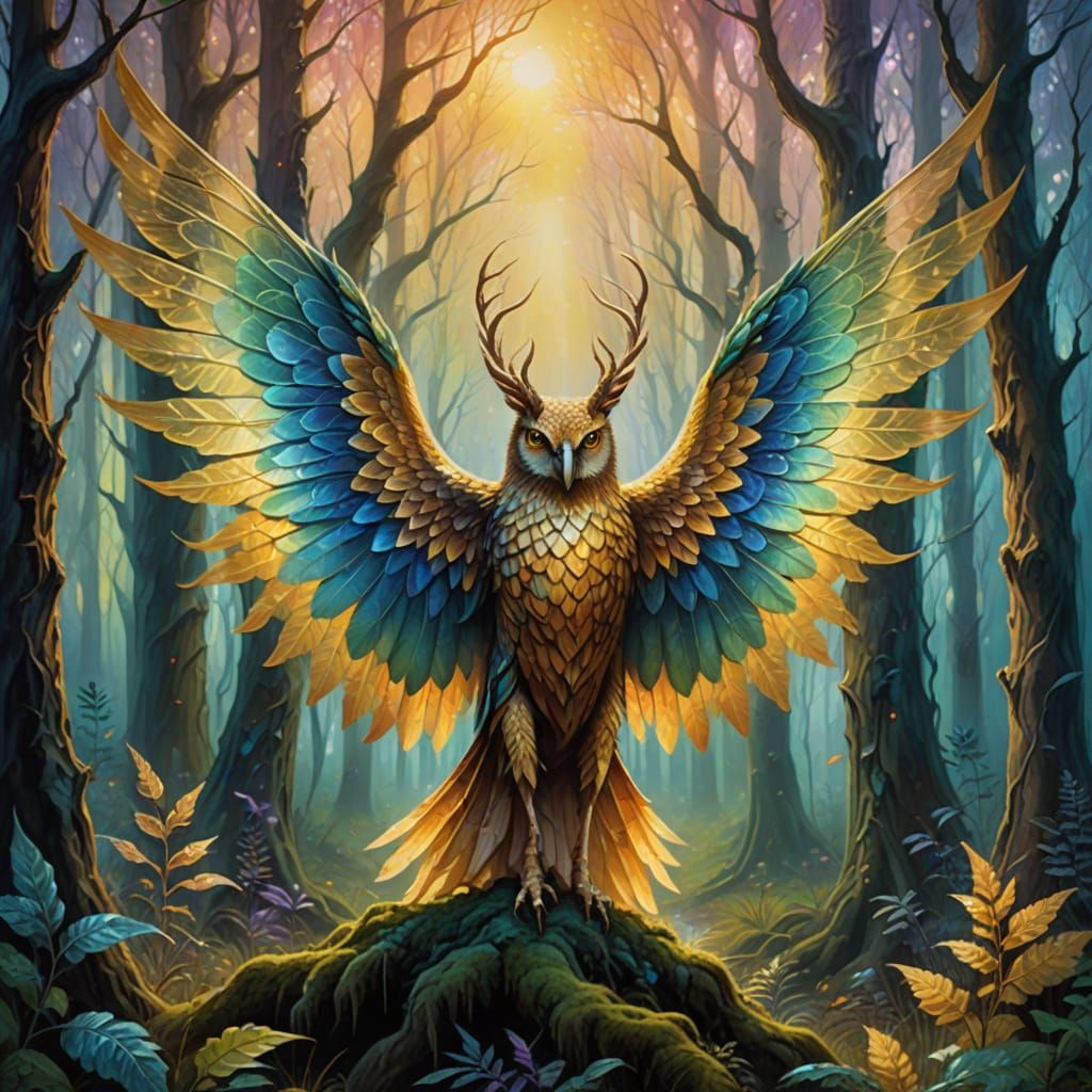Mystical Creature in Forest, Surreal Oil Painting