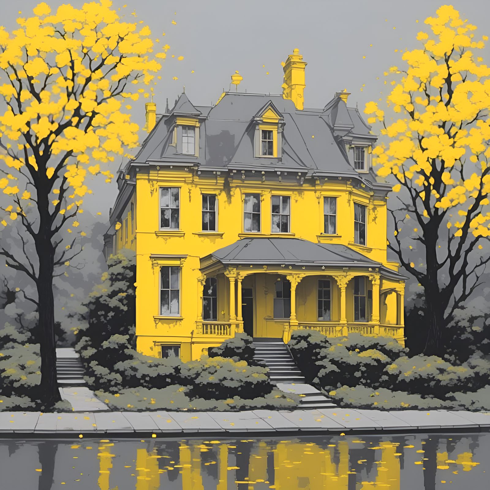 Serene Yellow House Amidst Grey Trees