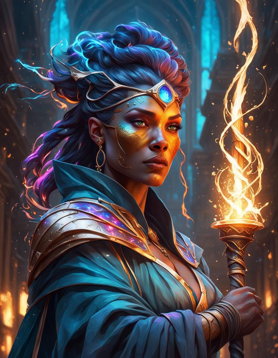 Majestic Cosmic Sorceress Portrait in Dynamic Lighting