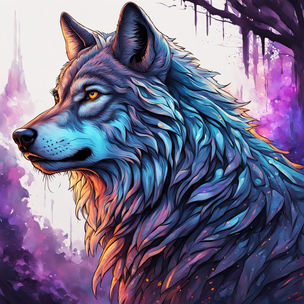 Majestic Wolf in Splendid Nighttime Splendor, Charcoal Drawi...