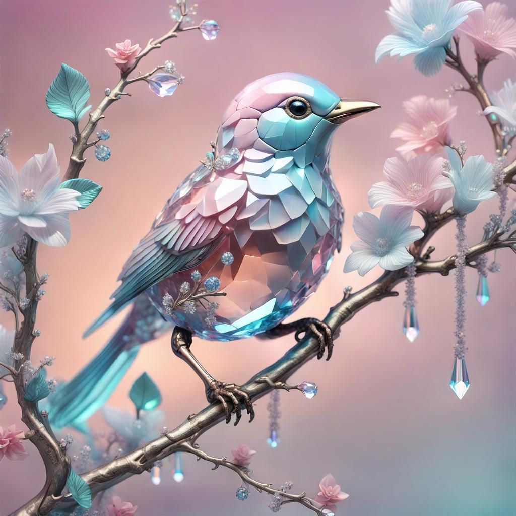 Pastel Crystal Bird on Branch: Cyberpunk Art