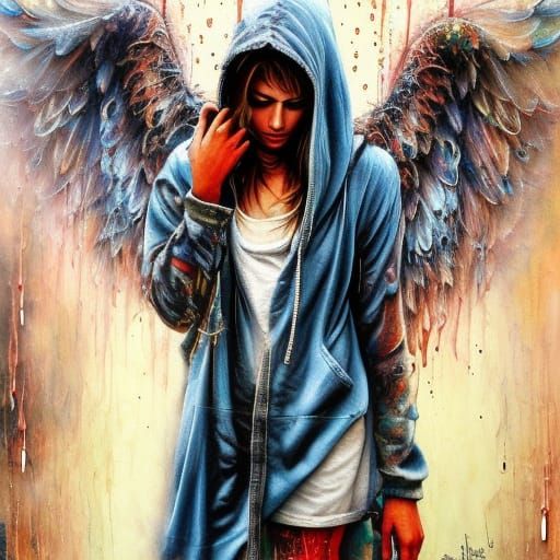 Homeless Girl with Angel Wings: Dripping Paint Art