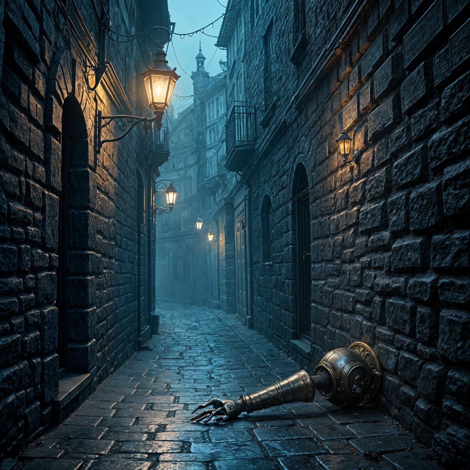 Midnight Alleyway Mystery: Gas Lamp & Automaton Limb