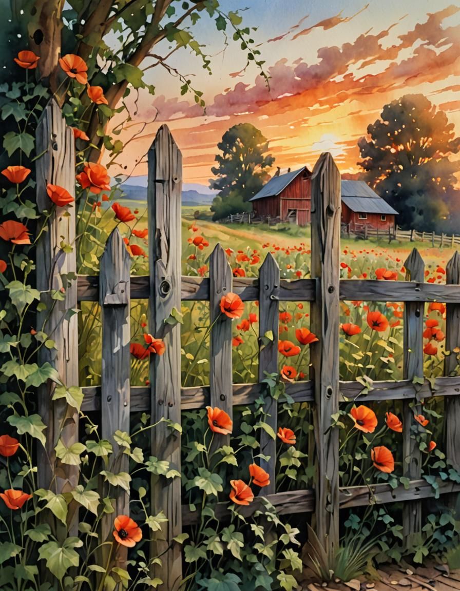 Poppy Flowers Bloom Beyond Weathered Fence
