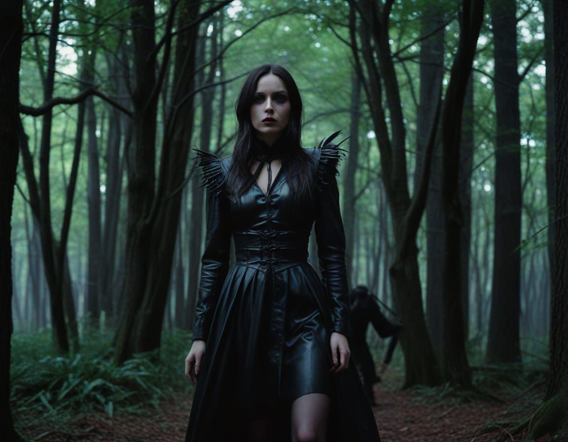 Gothic Woman in Sinister Woods: Dark Surreal Hellscape