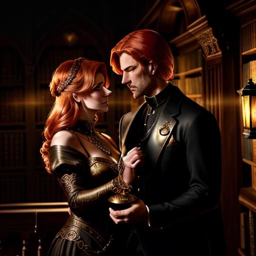 Fantasy Library Woman with Lantern in Art Deco Style