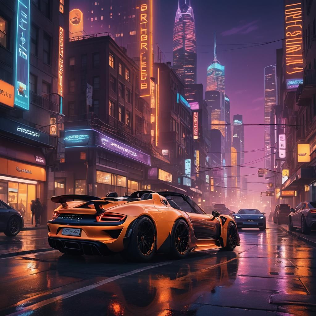 Porsche in Neon Cityscape Concept Art