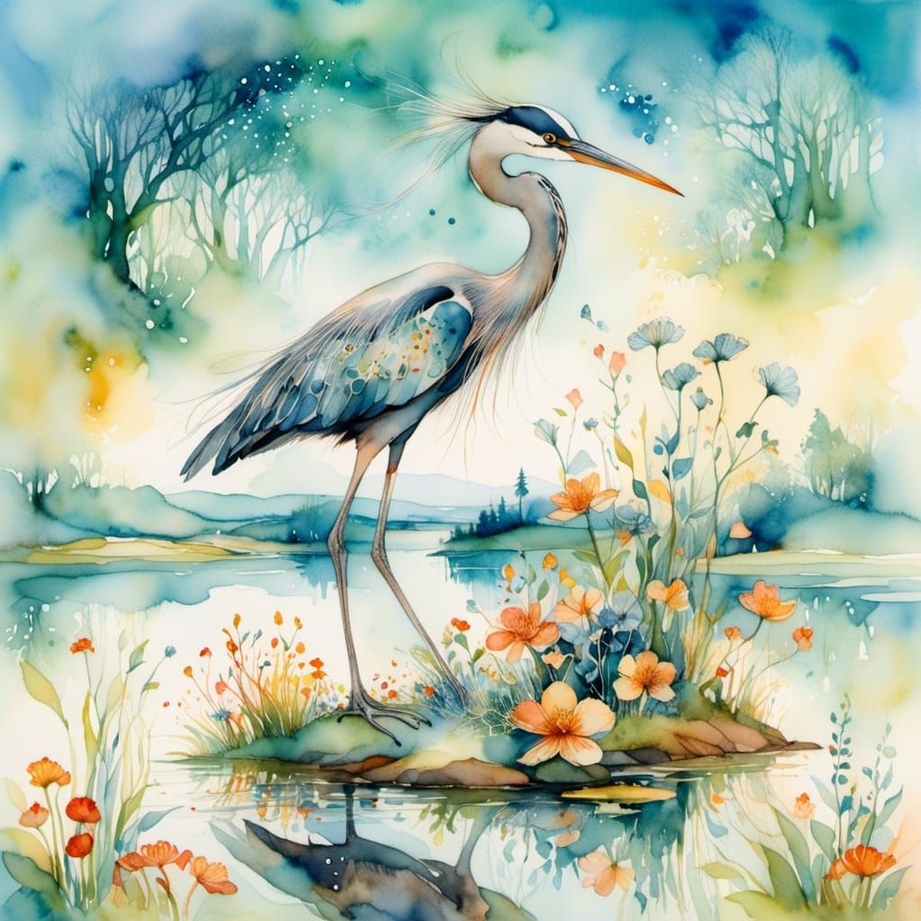 Whimsical Heron Portrait in Watercolor Dreamscape