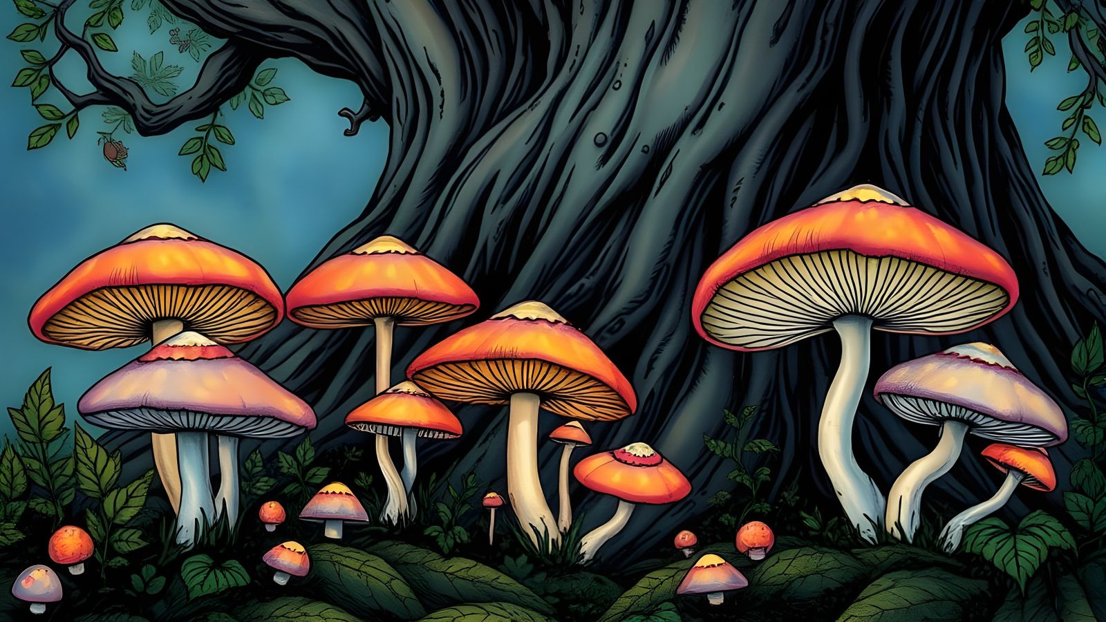 Whimsical Mushrooms Flourish Around Enchanted Tree in a Pen ...