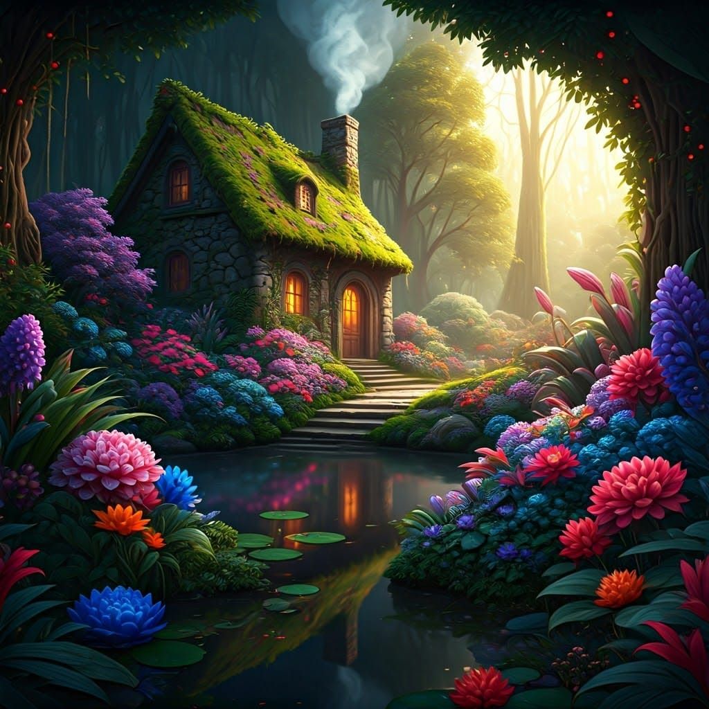 Whimsical Garden Oasis in Vibrant, Iridescent Colors