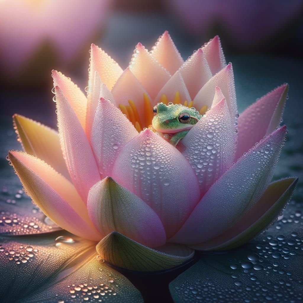 Lotus Flower with Dew and Tiny Frog