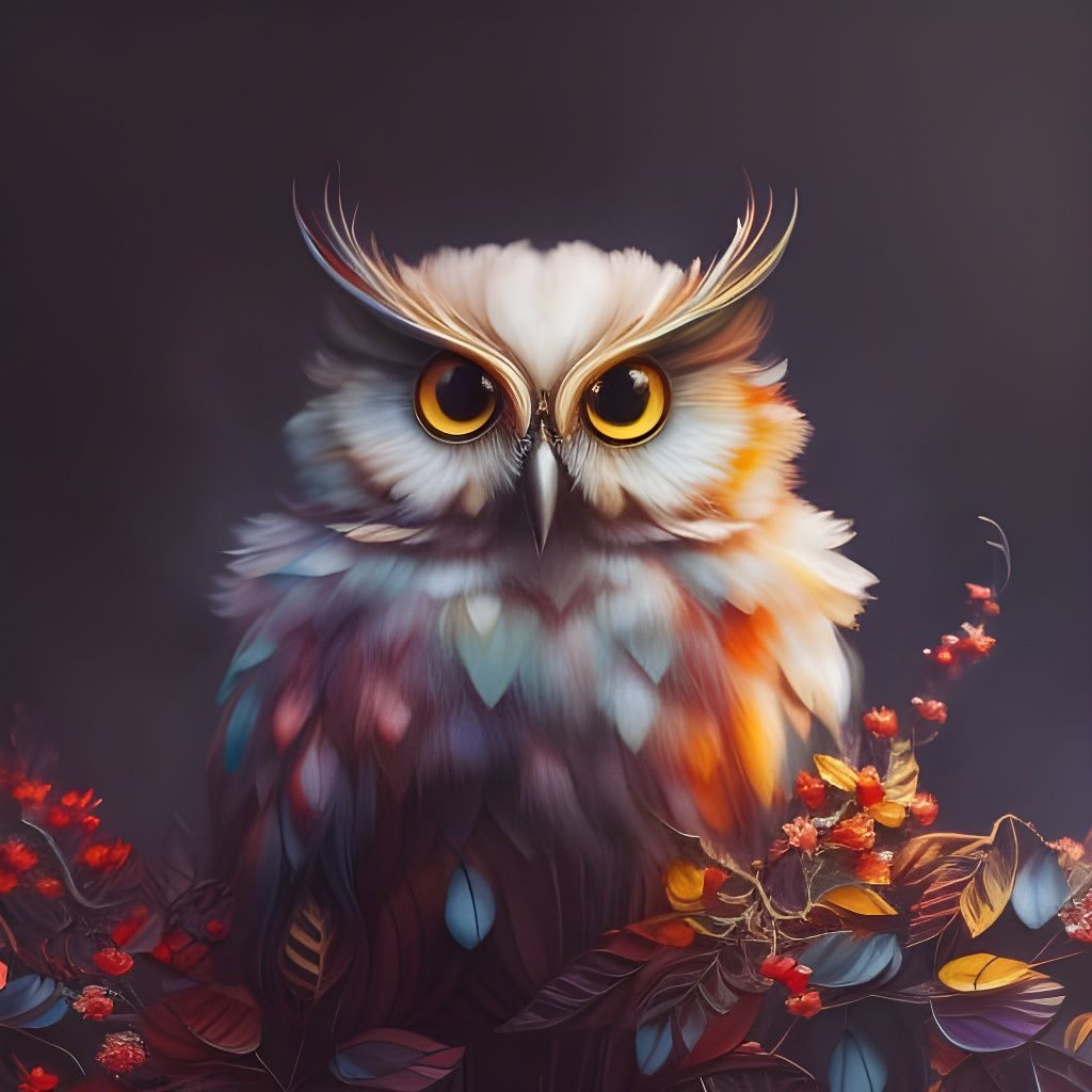 Detailed Chibi Owl with Red Flowers