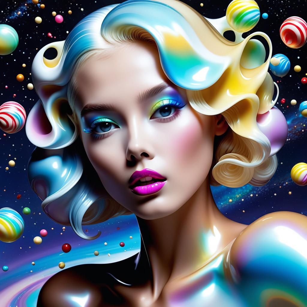 Holographic Candy Girl Flies Milky Way: Digital Illustration