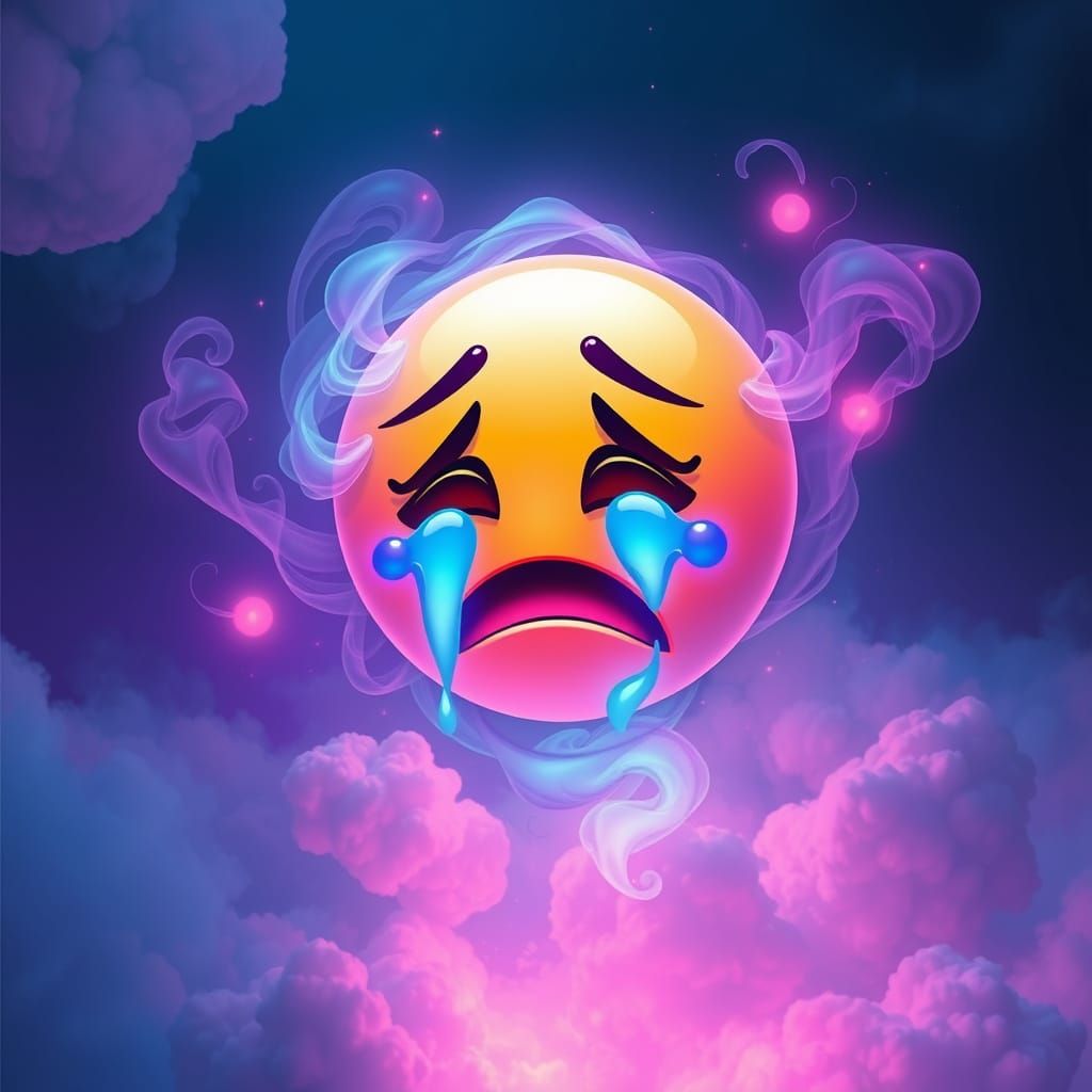 Ethereal Crying Emoji Amidst Swirling Clouds in Futuristic G...