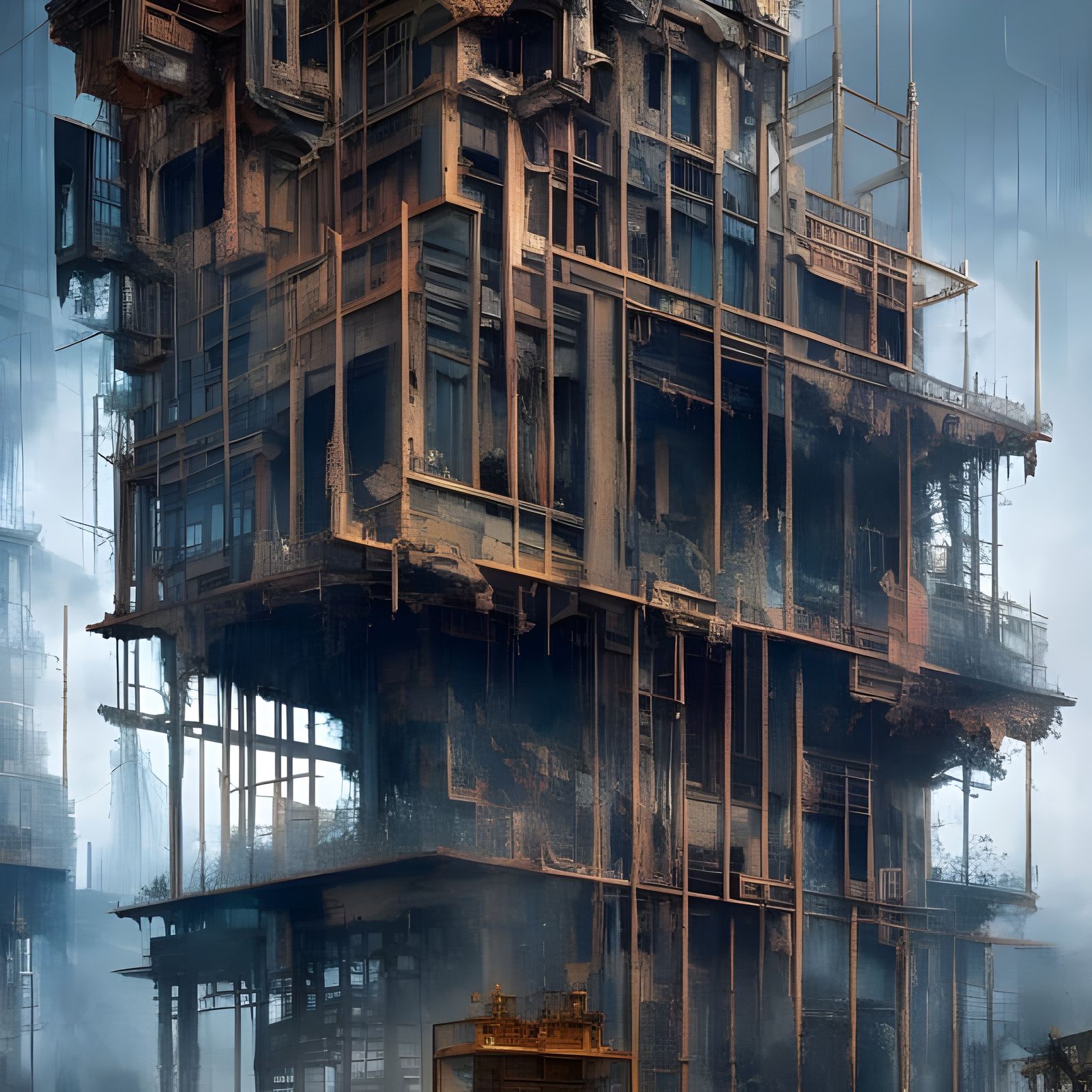 Chaotic Cyberpunk Building in Gritty Flowerpunk Style