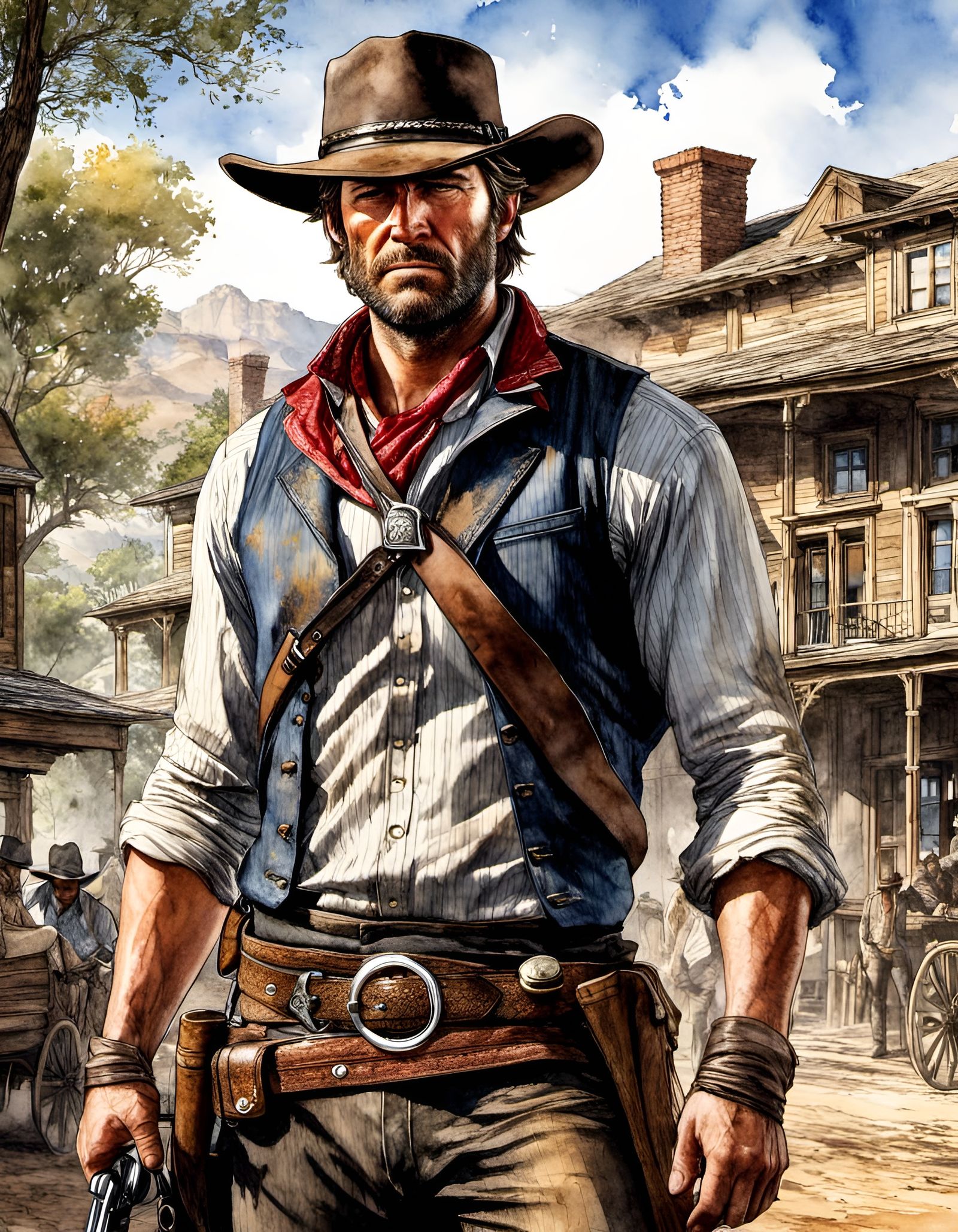 Handsome Cowboy in Watercolor Style Western Scene