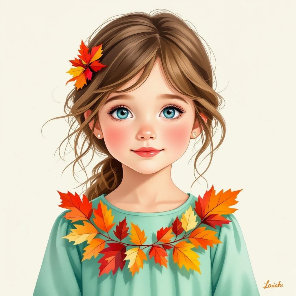 Girl in Autumn Dress, Dreamy Watercolor Portrait