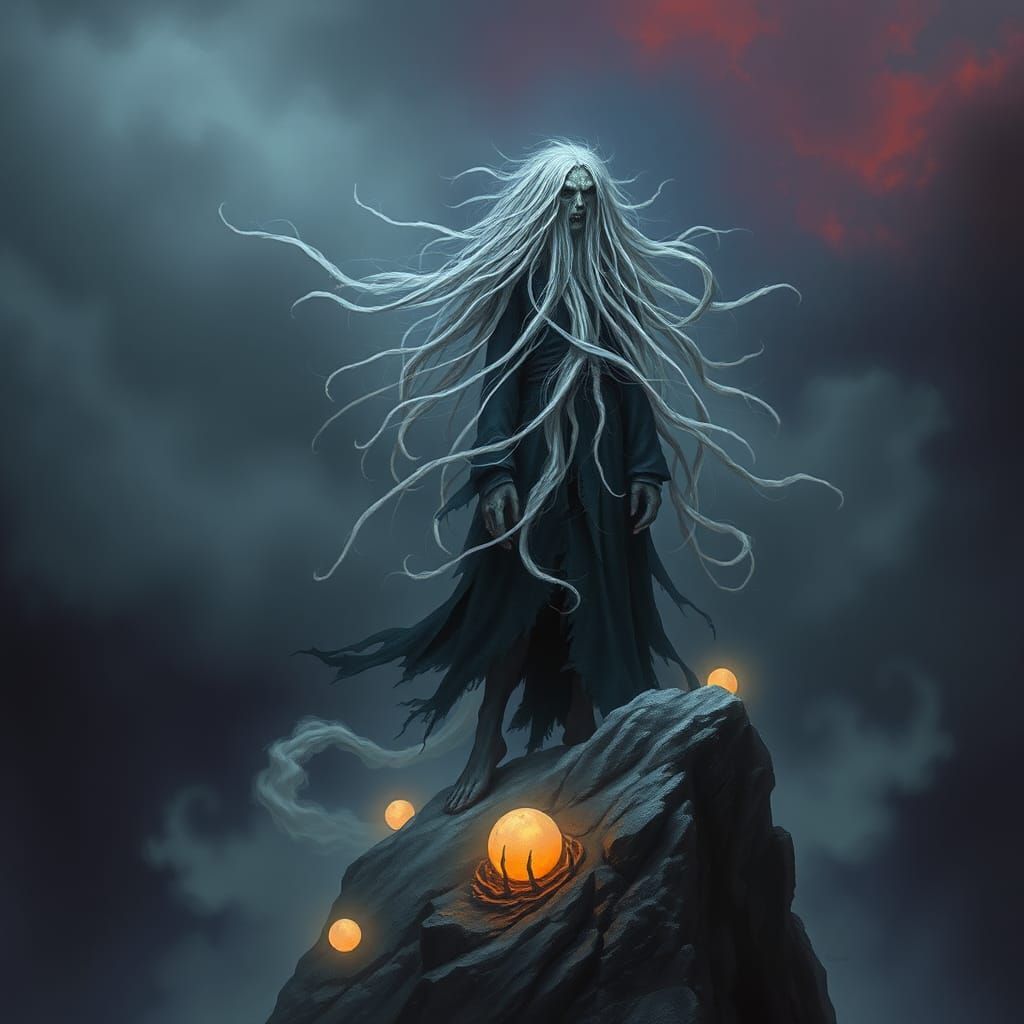 A mythical creature like a banshee, illustrated in a dramati...