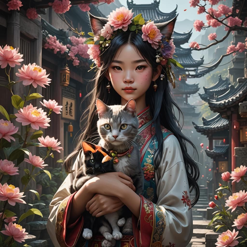 Chinese Girl with Cat: Detailed Fantasy Art