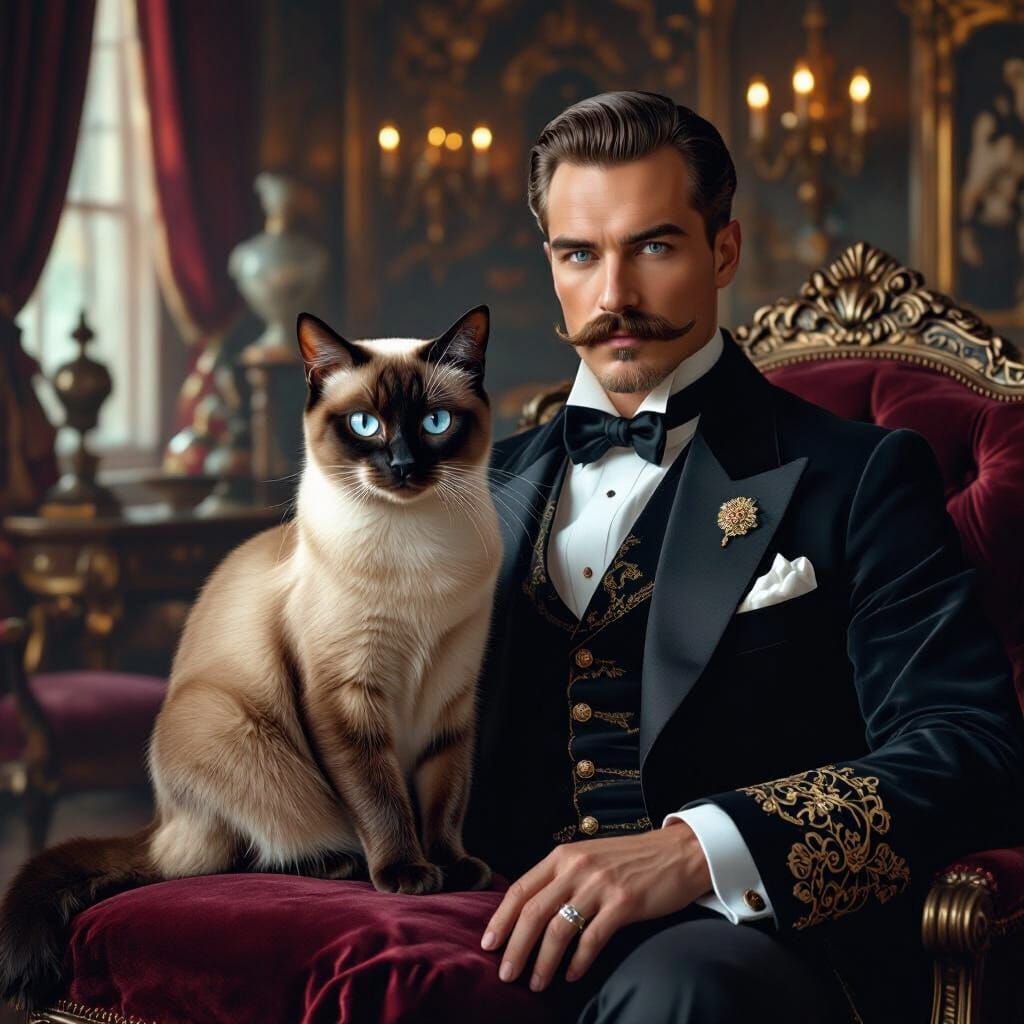 Regal Siamese Cat and Edwardian Gentleman in Opulent Drawing...
