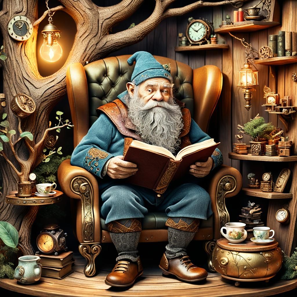 Cozy Dwarf in Surreal Treehouse, Watercolor Illustration