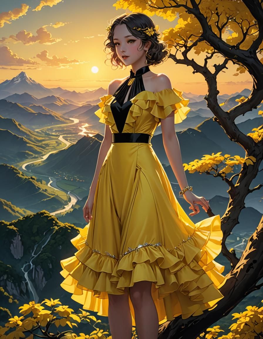 Glowing Sunrise View with 1930s Anime Lady