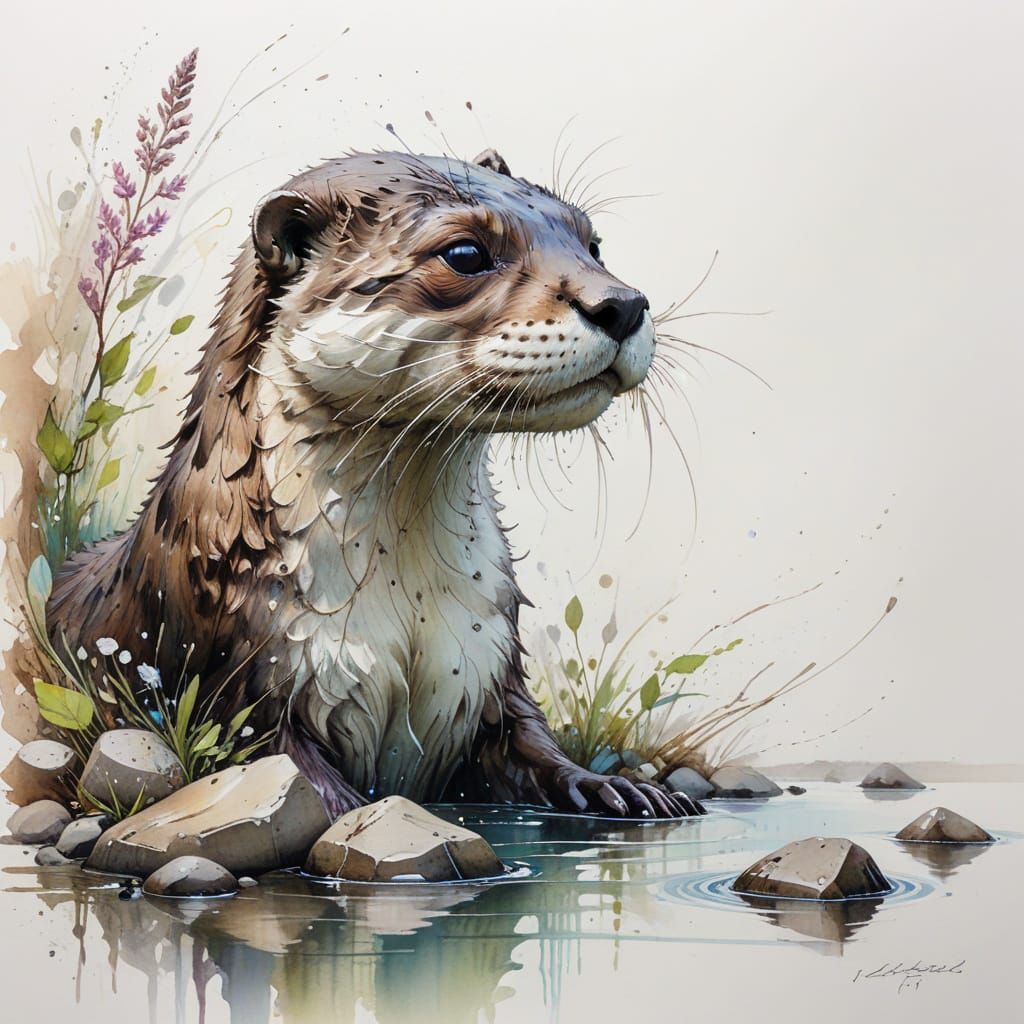 Otter in Springtime River Landscape