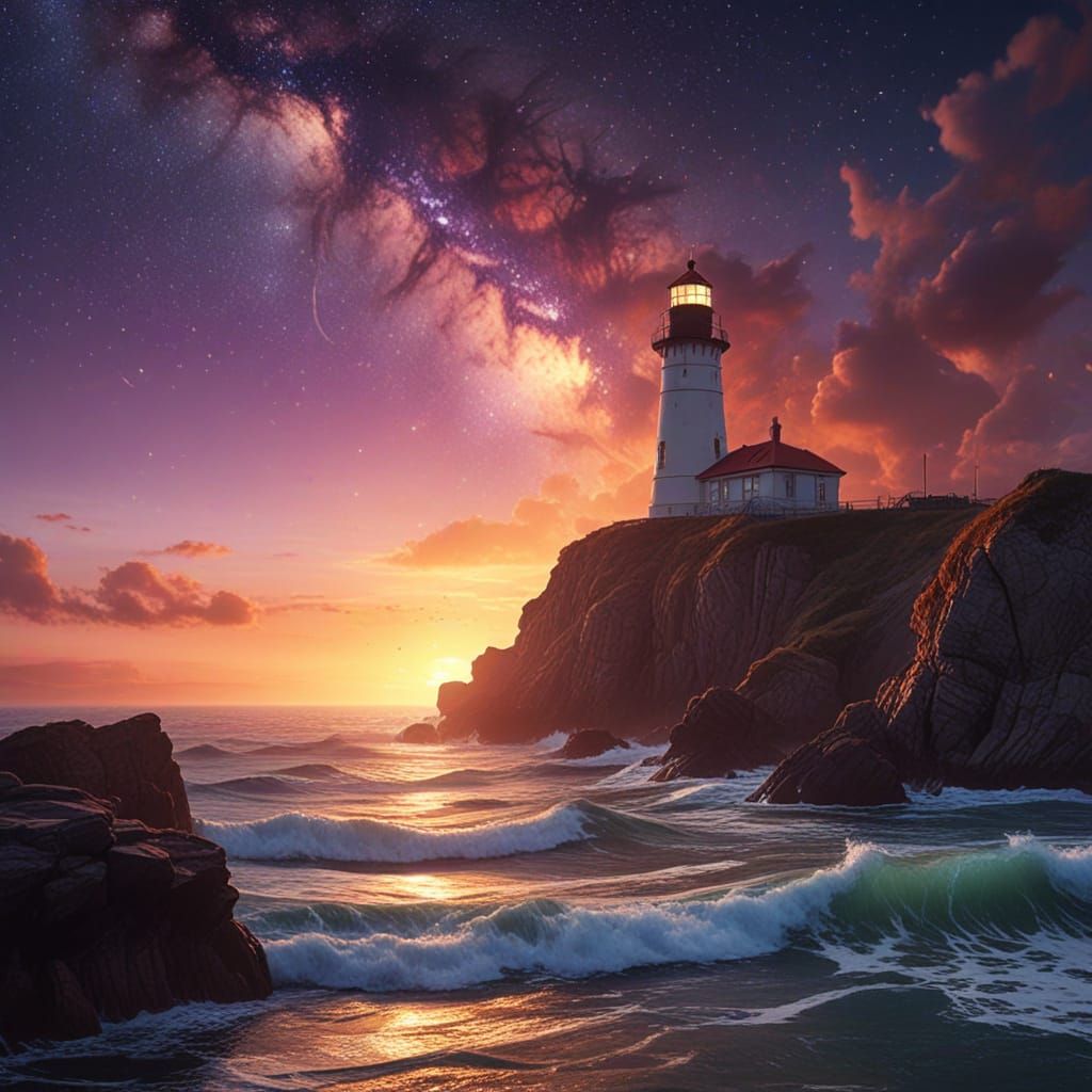 Cinematic Lighthouse at Golden Hour: Oil Painting