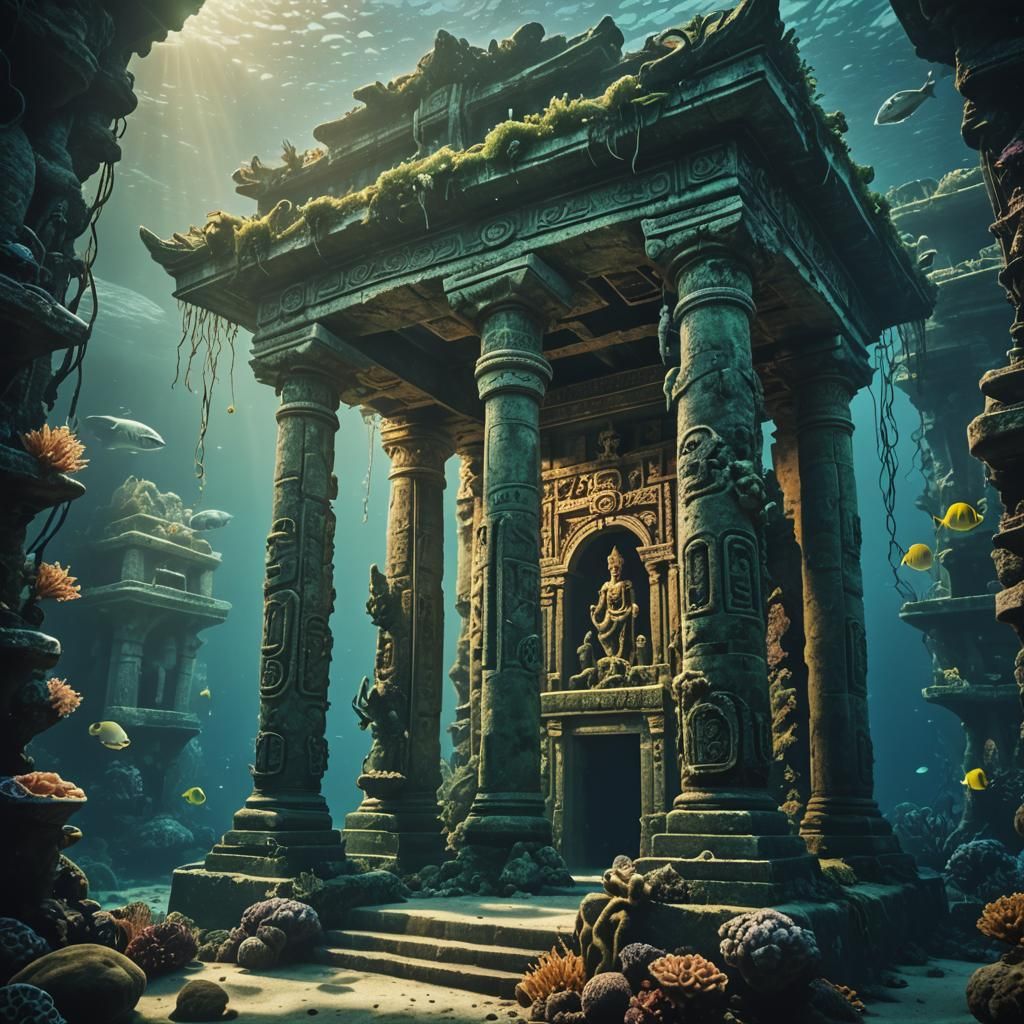 A haunted underwater temple, wit a reef around it, underwater Cinematic film still, shot on v-raptor XL, film grain, vig...