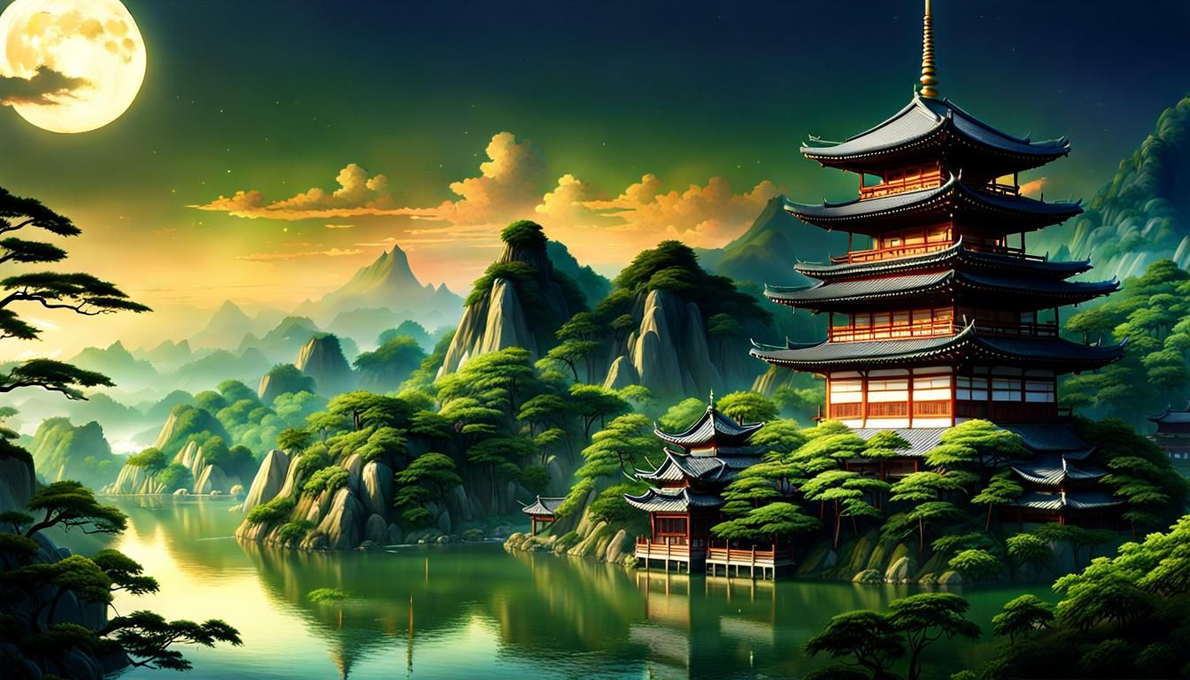 Pagoda on Lush Hillside in Japonisme Style