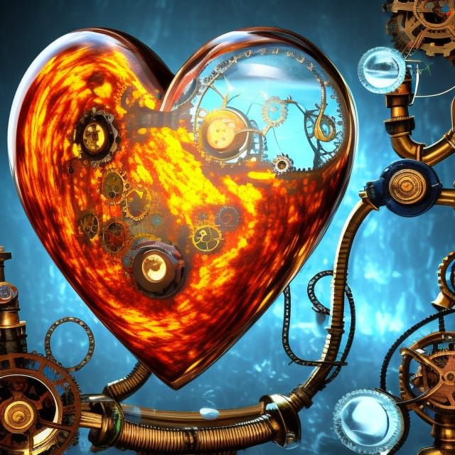 Steampunk Glass Heart with Fiery Machinery