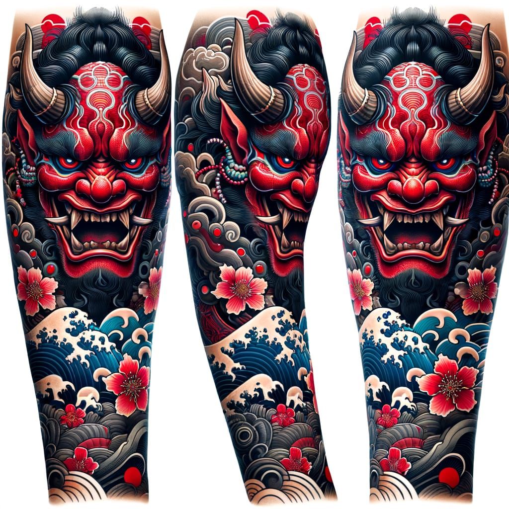 Japanese Oni Demon Tattoo Design with Cherry Blossoms and Wa...