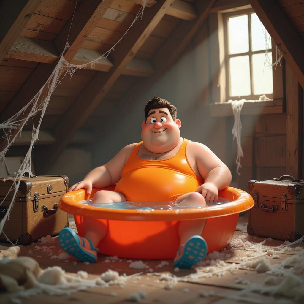 Sad Man in Kiddie Pool: Pixar Cartoon Style
