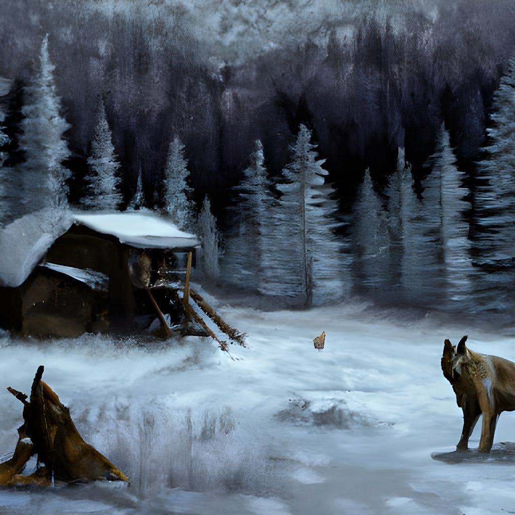 Winter Cabin Scene with Wolves and Elk