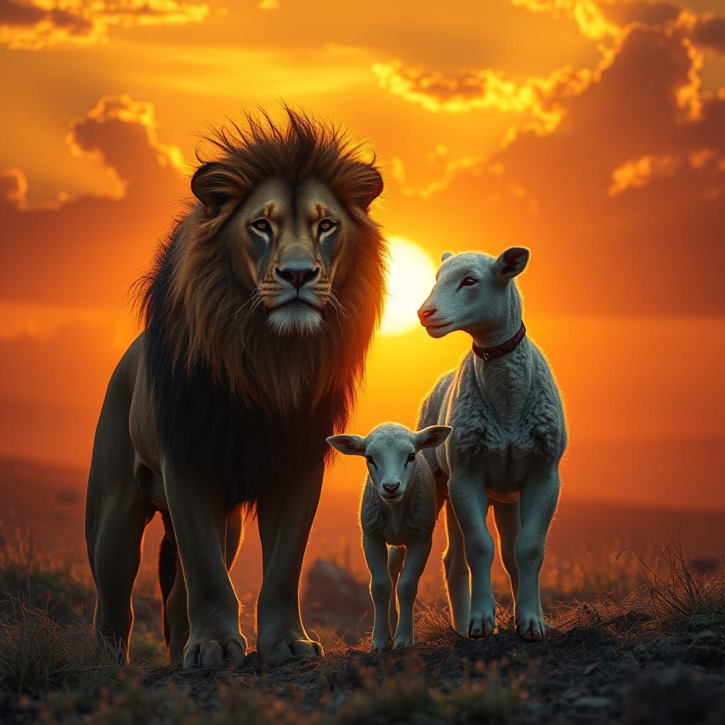 Lion and Lamb at Golden Sunset in Digital Matte Painting Sty...