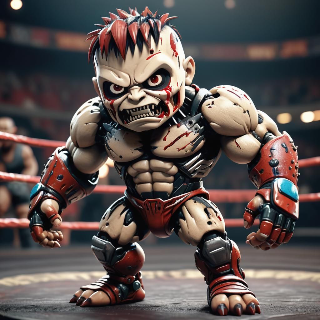 A hyperrealistic 8K 3D render of a Chibi styled monster wrestler with detailed musculoskeletal technically advanced robo...