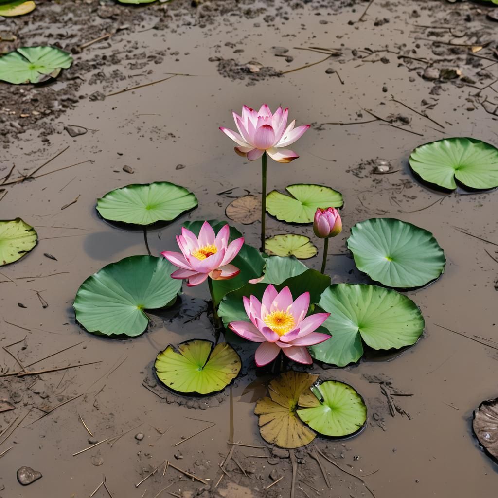 Lotus Flower Blooms in Muddy Pond