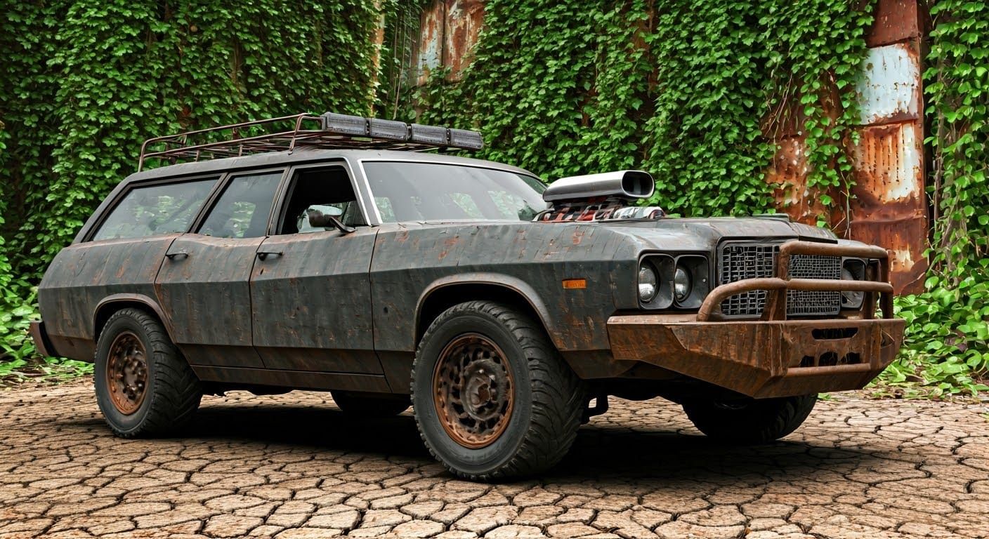 Weaponized 1972 Station Wagon in Wasteland Setting