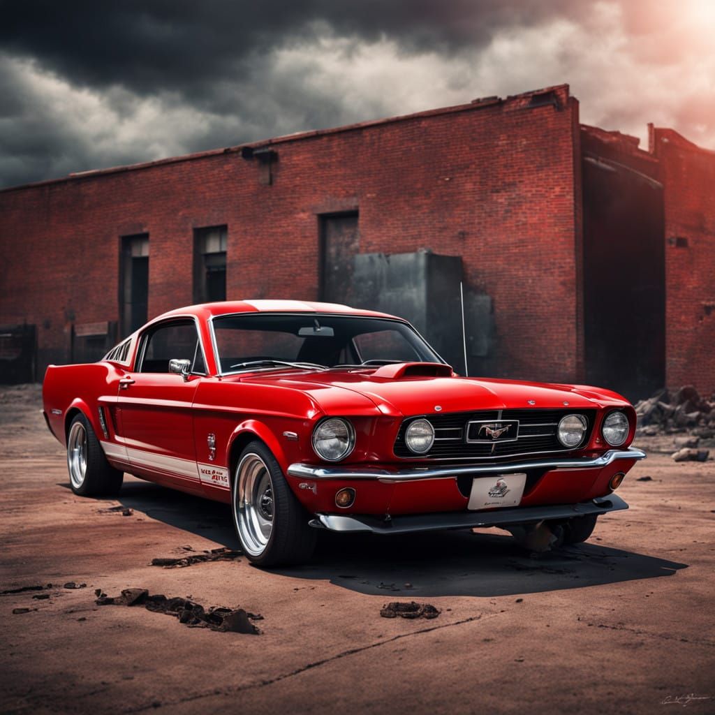 Restored Red Mustang in Hyperrealistic Detail
